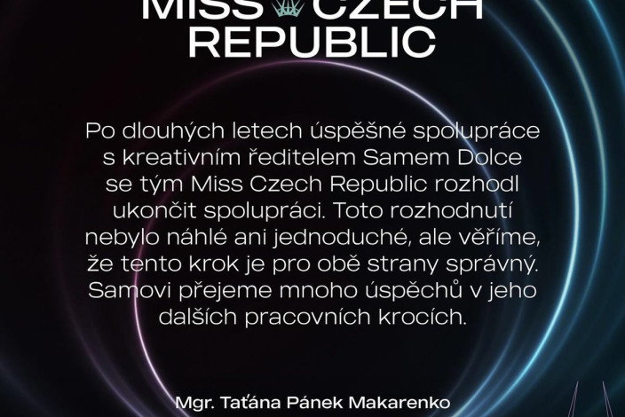Tým Miss Czech Republic ukončil spolupráci se Samem Dolce