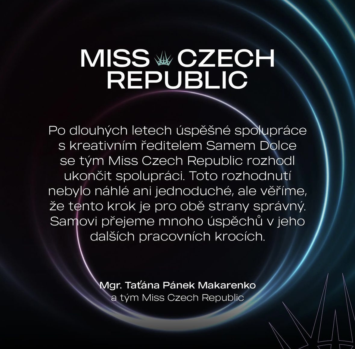 Tým Miss Czech Republic ukončil spolupráci se Samem Dolce